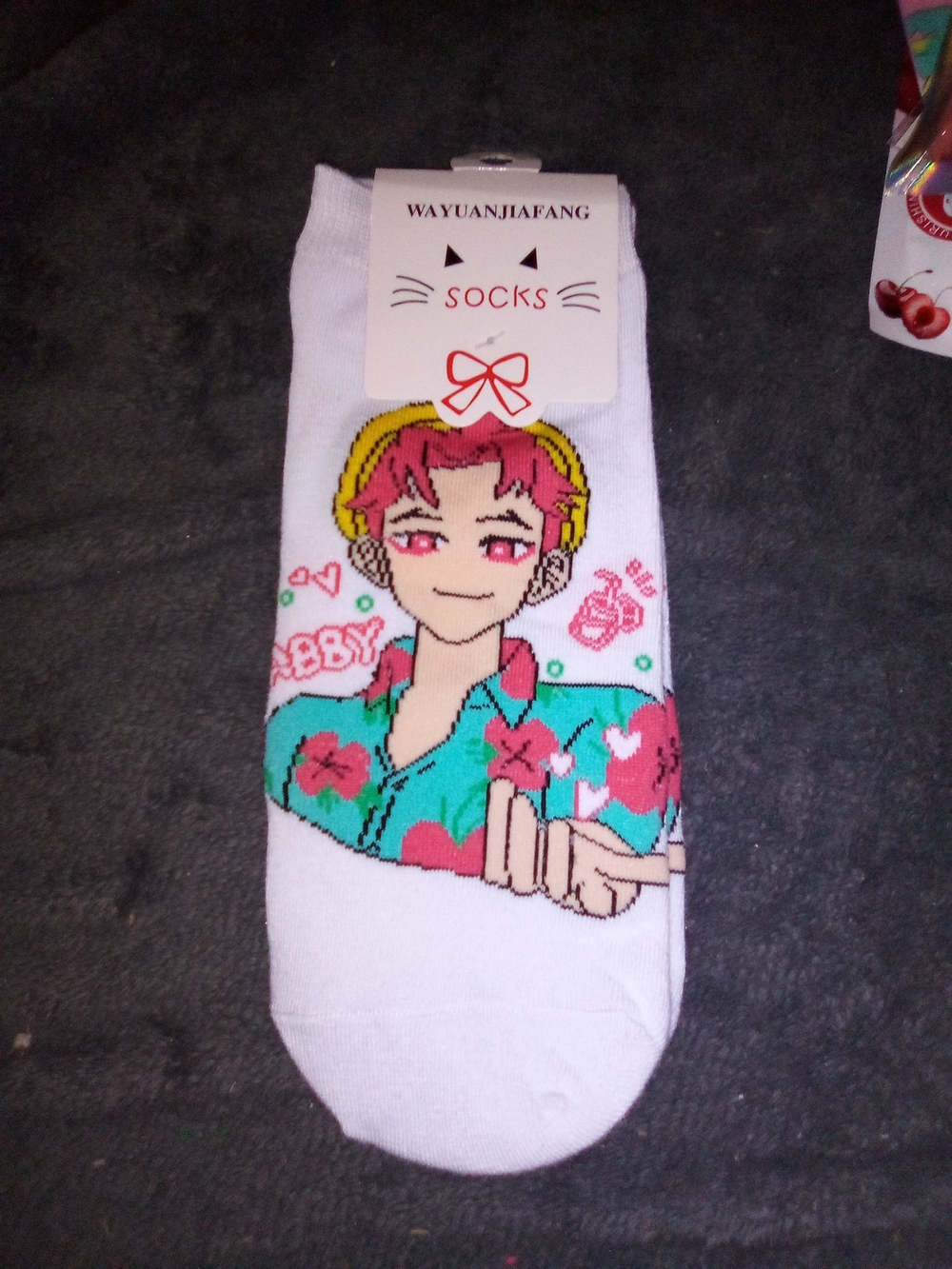 White Novelty Anime Socks with Teal Floral Design